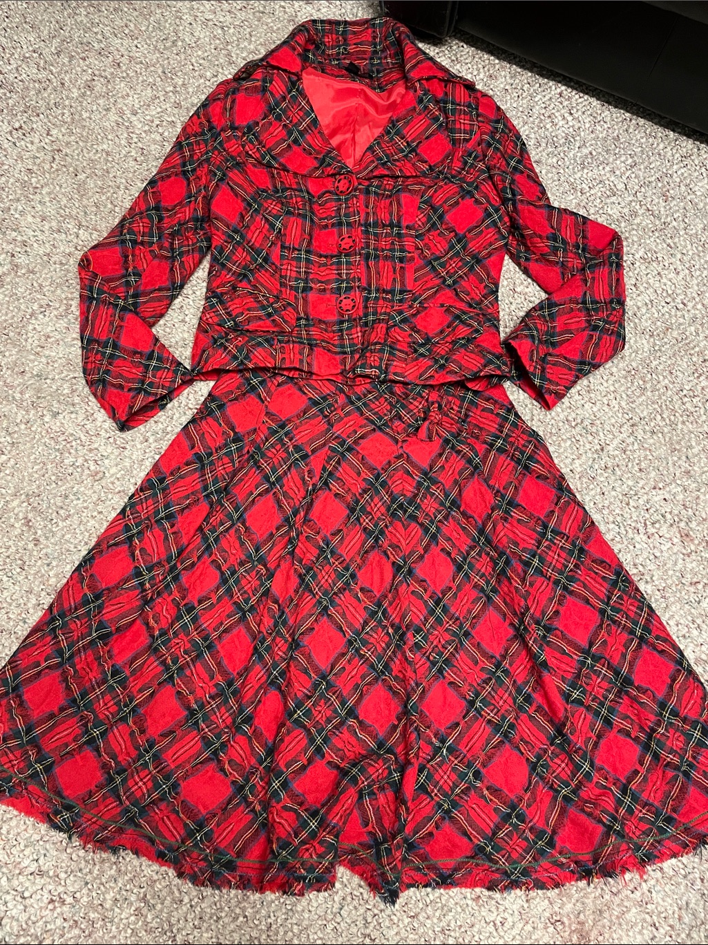 Vintage Y2k 100% Wool Red Plaid Two-Piece Skirt Suit- Adorable